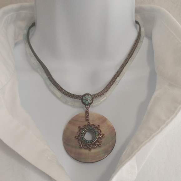 Avon Multi Strand Mother Of Pearl Bronze Pendant Necklace Boho Peasant Western - Picture 1 of 14